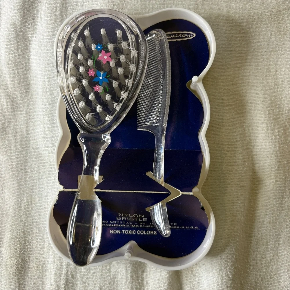 Vtg Sanitoy Childs Hairbrush & Comb Set Clear Pink/Blue Flower Orig Plastic Case